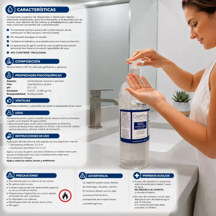 Gel antibacterial para manos por 1.000 mL, con válvula cremera.